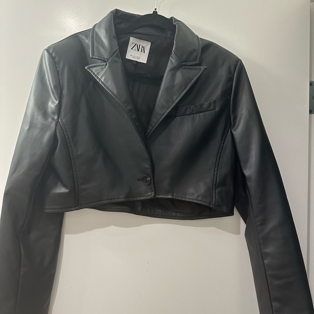Black Cropped Faux Leather Blazer
